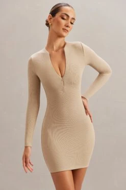 Long Sleeve Mini Dress In Stone -Pretty Dresses Sales 5878 5 Koen Stone Long Sleeve Zip Up Mini Dress