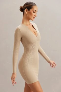 Long Sleeve Mini Dress In Stone -Pretty Dresses Sales 5878 7 Koen Stone Long Sleeve Zip Up Mini Dress