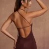 High Neck Backless Midaxi Dress In Brown