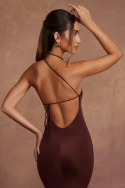 High Neck Backless Midaxi Dress In Brown