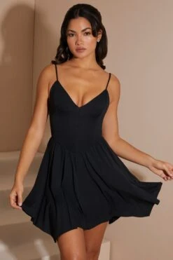 Handkerchief Hem Plunge Neck Mini Dress In Black -Pretty Dresses Sales 6019 6 Octavia Black Handkerchief Hem Drape Mini Dress