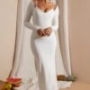 Long Sleeve Exposed Bra Maxi Dress In White
