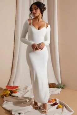 Long Sleeve Exposed Bra Maxi Dress In White