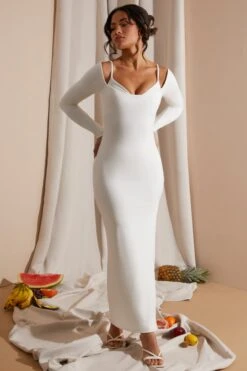 Long Sleeve Exposed Bra Maxi Dress In White 14 Long Sleeve Exposed Bra Maxi Dress In White -Pretty Dresses Sales 6023 2 White Long Sleeve Under Bralette Gown Dress