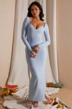 Long Sleeve Exposed Bra Maxi Dress In Blue -Pretty Dresses Sales 6023 4 Blue Long Sleeve Under Bralette Gown Dress