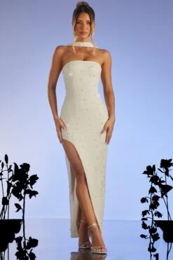 Embellished Bandeau Maxi Dress In Ivory -Pretty Dresses Sales 6126 1 Belgravia Ivory Pearl Embellished Bandeau Split Maxi Dress