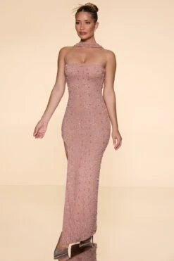 Embellished Bandeau Maxi Dress In Beige -Pretty Dresses Sales 6126 3 Belgravia Beige Maxi Dress With Split
