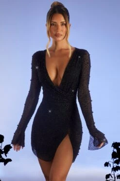 Embellished Wrap Over A-Line Mini Dress In Black