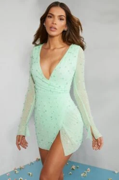 Embellished Wrap Over A-Line Mini Dress In Mint 14 Embellished Wrap Over A-Line Mini Dress In Mint -Pretty Dresses Sales 6127 2 Chelsea Mint Peral Embellished Wrap Plunge A Line Mini