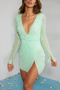 Embellished Wrap Over A-Line Mini Dress In Mint 12 Embellished Wrap Over A-Line Mini Dress In Mint -Pretty Dresses Sales 6127 6 Chelsea Mint Peral Embellished Wrap Plunge A Line Mini