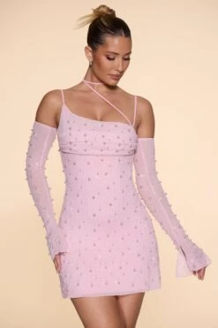 Embellished Asymmetric Corset Mini Dress In Blush -Pretty Dresses Sales 6129 1 Blush Asymmetric Cowl Neck Dres