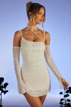 Embellished Asymmetric Corset Mini Dress In Ivory
