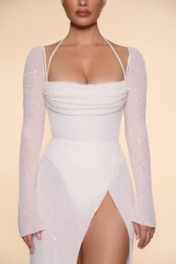 Embellished Cowl Neck Maxi Dress In Ivory 11 Embellished Cowl Neck Maxi Dress In Ivory -Pretty Dresses Sales 6139 7 Champel Ivory Long Sleeve Cut Out Maxi