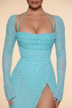 Embellished Cowl Neck Maxi Dress In Aqua 14 Embellished Cowl Neck Maxi Dress In Aqua -Pretty Dresses Sales 6139 9 Champel Aqua Long Sleeve Cowl Neck Cut Out High Split Maxi 2