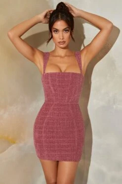 Tweed Square Neck Corset Mini Dress In Rose