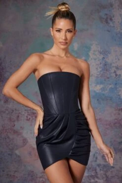 Vegan Leather Bandeau Corset Mini Dress In Midnight Black