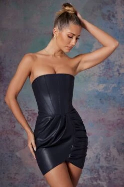 Vegan Leather Bandeau Corset Mini Dress In Midnight Black -Pretty Dresses Sales 6174 4 Black Bandeau Corset Dress With Wrap And Drape