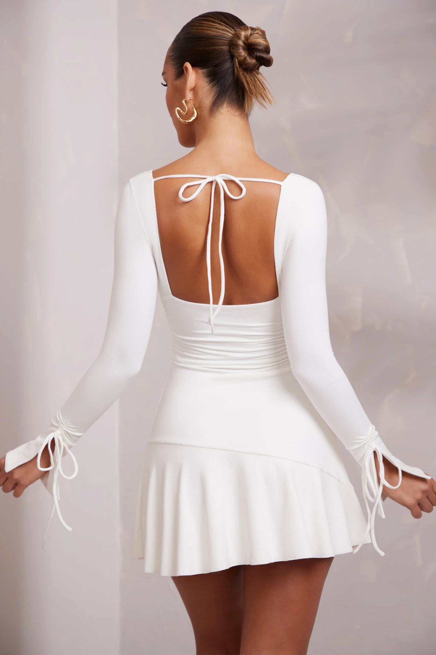 Long Sleeve Ruched A-Line Mini Dress In White 4 Long Sleeve Ruched A-Line Mini Dress In White - Image 4
