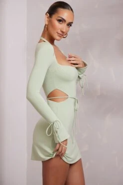 Long Sleeve Cut Out A-Line Mini Dress In Sage 13 Long Sleeve Cut Out A-Line Mini Dress In Sage -Pretty Dresses Sales 6183 1 Elise Sage Cut Out A Line Mini