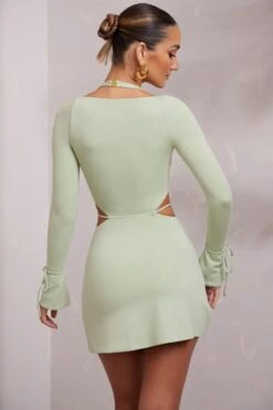 Long Sleeve Cut Out A-Line Mini Dress In Sage 12 Long Sleeve Cut Out A-Line Mini Dress In Sage -Pretty Dresses Sales 6183 2 Elise Sage Cut Out A Line Mini