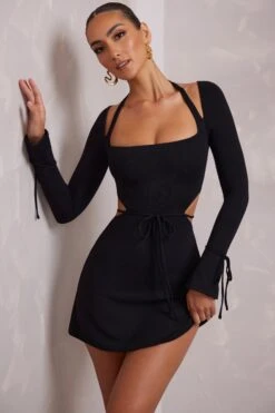 Long Sleeve Cut Out A-Line Mini Dress In Black -Pretty Dresses Sales 6183 9 Elise Black Cut Out A Line Mini