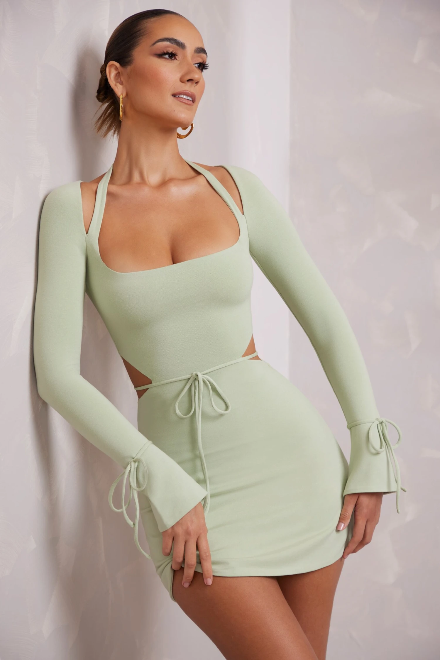 Long Sleeve Cut Out A-Line Mini Dress In Sage 9 Long Sleeve Cut Out A-Line Mini Dress In Sage - Image 9
