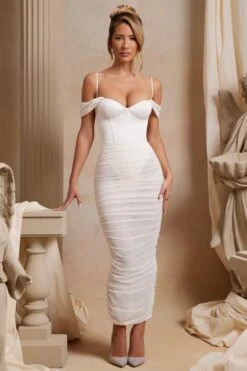 Off The Shoulder Ruched Corset Maxi Dress In Ivory 13 Off The Shoulder Ruched Corset Maxi Dress In Ivory -Pretty Dresses Sales 6188 1 Cecily Ivory Corset Drop Shoulder Ruched Maxi Dress