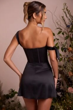 New Release -Pretty Dresses Sales 6198 10 Lilou Black Off Shoulder Corset Dress With Georgette Draped Details Mini Dress