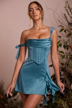 Off Shoulder Corset Mini Dress In Teal -Pretty Dresses Sales 6198 1 Lilou Teal Off Shoulder Corset Dress With Georgette Draped Details Mini Dress