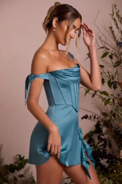 Off Shoulder Corset Mini Dress In Teal -Pretty Dresses Sales 6198 6 Lilou Teal Off Shoulder Corset Dress With Georgette Draped Details Mini Dress