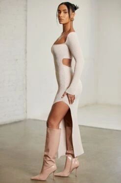 Long Sleeve Cut Out Maxi Dress In Beige -Pretty Dresses Sales 6313 4 Praline Cut Out Maxi Dress