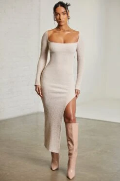 Long Sleeve Cut Out Maxi Dress In Beige -Pretty Dresses Sales 6313 7 Praline Cut Out Maxi Dress