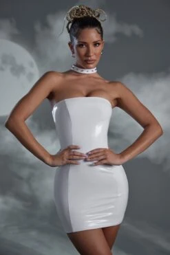 Studded Back Strap Vinyl Mini Dress In White