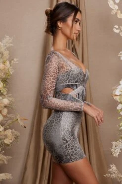 Long Sleeve Layered Corset Mini Dress In Grey Print -Pretty Dresses Sales 6514 4 Taylor Print Layered Cut Out Corset Mini Dress