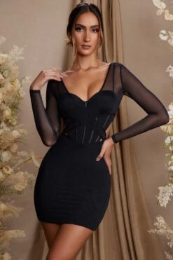 Long Sleeve Layered Corset Mini Dress In Black -Pretty Dresses Sales 6514 9 Taylor Black Layered Cut Out Corset Mini Dress