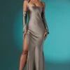 Long Sleeve Halter Neck Fishtail Dress In Taupe
