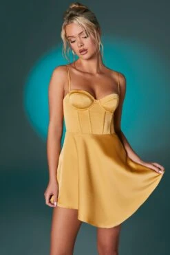 Asymmetric Hem Corset Mini Dress In Gold -Pretty Dresses Sales 6555 4 Gold Corset Seam Dress With Asymetric Hem