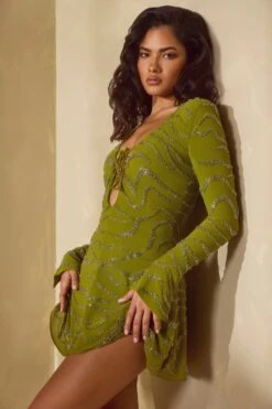 Long Sleeve Lace Up Mini Dress In Olive -Pretty Dresses Sales 6583 10 Olive Lace Up A Line Dress