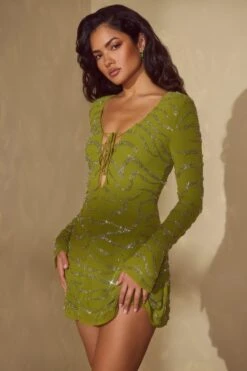 Long Sleeve Lace Up Mini Dress In Olive -Pretty Dresses Sales 6583 3 Olive Lace Up A Line Dress