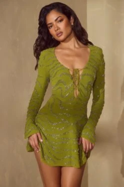 Long Sleeve Lace Up Mini Dress In Olive -Pretty Dresses Sales 6583 4 Olive Lace Up A Line Dress