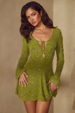 Long Sleeve Lace Up Mini Dress In Olive -Pretty Dresses Sales 6583 5 Olive Lace Up A Line Dress