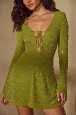 Long Sleeve Lace Up Mini Dress In Olive -Pretty Dresses Sales 6583 7 Olive Lace Up A Line Dress
