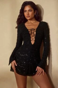 Long Sleeve Lace Up Mini Dress In Black