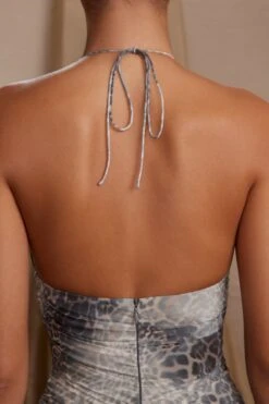 Halterneck Cut Out Maxi Dress In Grey Print 12 Halterneck Cut Out Maxi Dress In Grey Print -Pretty Dresses Sales 6588 1 Etta Print Halterneck Cutout Hankerchief hem dress