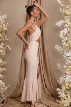 Halterneck Cut Out Maxi Dress In Cream -Pretty Dresses Sales 6588 4 Etta Cream Halterneck Cutout Hankerchief hem dress