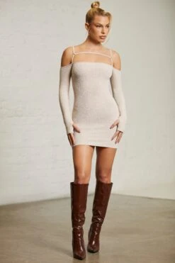 Cold Shoulder Long Sleeve Mini Dress In Beige -Pretty Dresses Sales 6714 10 Praline Strap Top Long Sleeve Mini Dress