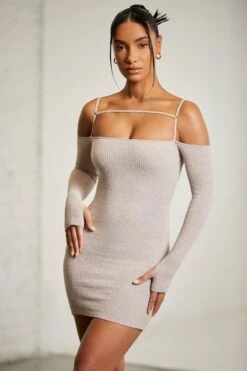 Cold Shoulder Long Sleeve Mini Dress In Mocha -Pretty Dresses Sales 6714 4 Chocolate Strap Top Long Sleeve Mini Dress