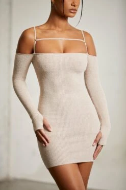 Cold Shoulder Long Sleeve Mini Dress In Beige -Pretty Dresses Sales 6714 5 Praline Strap Top Long Sleeve Mini Dress