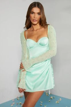 Long Sleeve Embellished A-line Mini Dress In Mint -Pretty Dresses Sales 6717 3 Geneva Mint Ruching Detail Dress 1