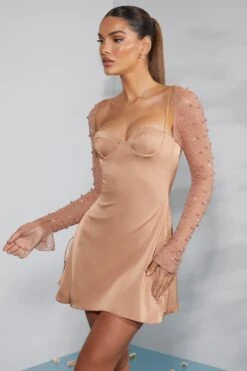 Long Sleeve Embellished A-line Mini Dress In Beige -Pretty Dresses Sales 6717 4 Geneva Biege Ruching Detail Dress